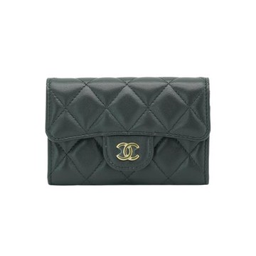 Chanel 雙C淡金logo羊皮釦式卡夾/零錢包(AP0214-灰)