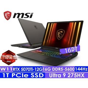 MSI微星 Vector 16 HX AI A2XWHG-477TW 144Hz 16吋AI電競筆電(Ultra 9 275HX/16G/1T SSD/RTX5070Ti-12G/Win11)