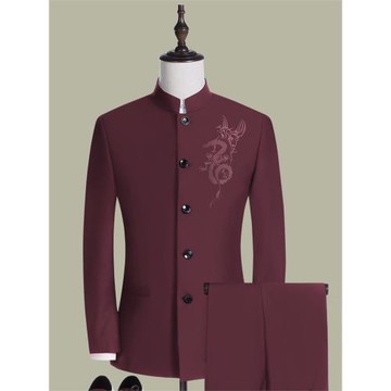 中華立領龍紋中山裝紫紅色男青年套裝新郎結婚禮服中國風刺繡唐裝