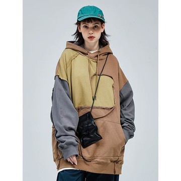 A SQUARE ROOT 三面料拼接休閑連帽衫oversize破洞春秋撞色衛衣