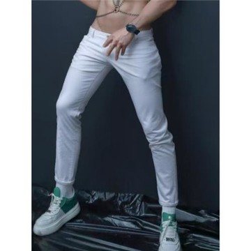 男生社會小伙純白色彈力低腰修身牛仔褲青年學生日常休閑小腳褲