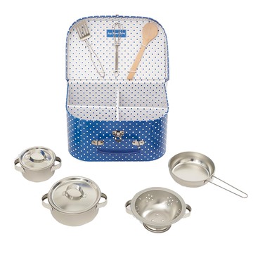 jojo maman bebe 實木系列 家家酒餐廚具組 角色扮演益智玩具  1入  藍色  最大鍋:9.5 x 4cm