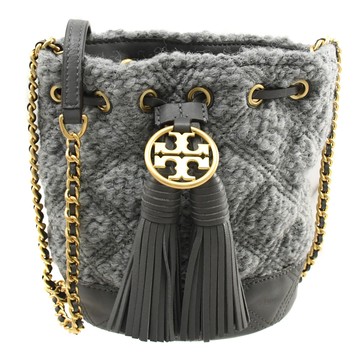 TORY BURCH 89764 絎縫毛呢拼皮束口水桶包.灰