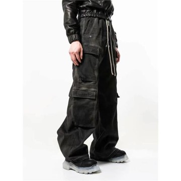 RO風格水洗煙灰色漸變多口袋工裝直筒休閑抽繩闊腿喇叭寬松牛仔褲