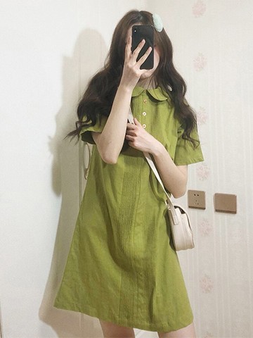 抹茶牛油果綠連衣裙減齡小清新娃娃裙寬松小個子甜美少女初戀淑女