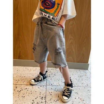 男童牛仔破洞短褲灰色2025夏季新款薄洋氣寶寶帥氣男孩兒童七分褲