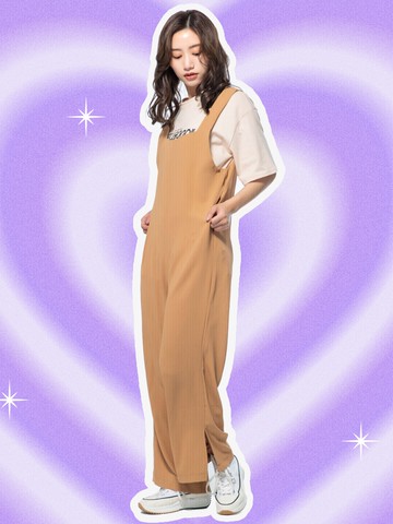 涼感滑料短袖連身長褲-駝色