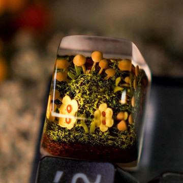 工匠鍵帽，帶蘑菇的夏季森林景觀，100% 手工樹脂，莫斯