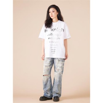 EK 三色evilknight基礎標語印花短袖男圓領寬松百搭情侶T恤