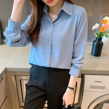 職業藍色襯衫女長袖2025春季新款寬松百搭面試正裝白襯衣氣質上衣