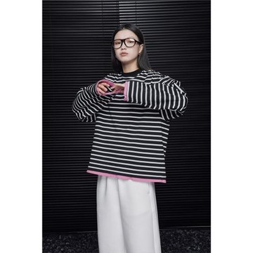 黑白條紋長袖oversize復古t恤