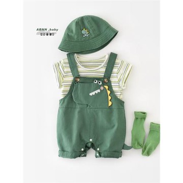 新生嬰兒夏季套裝2025夏款寶寶條紋卡通恐龍背帶褲洋氣上衣兩件套