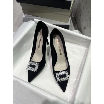 真皮黑色絨面水鉆搭扣尖頭高跟鞋女2024春新款細跟性感百搭單跟鞋