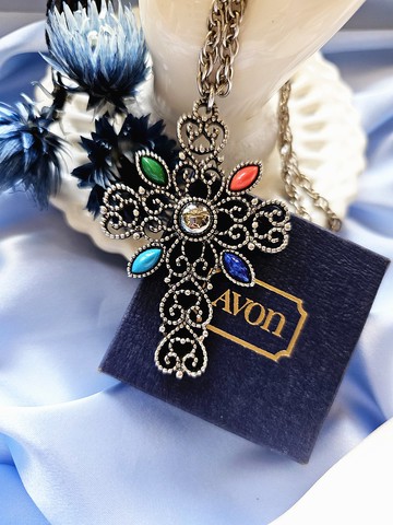 1972年AVON人造礦石鏤空雕紋十字銀色項鍊/美國西洋古董飾品