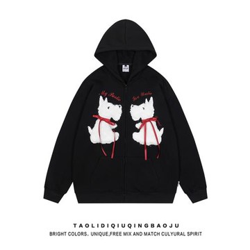 蝴蝶結系帶小狗植絨連帽衛衣女冬季寬松慵懶chic情侶美式加絨外套