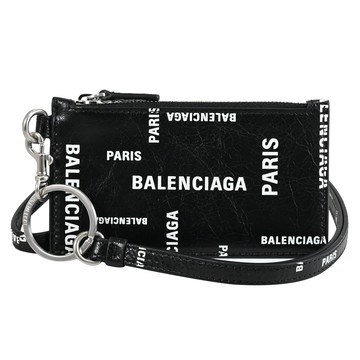 BALENCIAGA 巴黎世家 594548 個性LOGO印花羊皮斜背頸掛卡片零錢包.黑