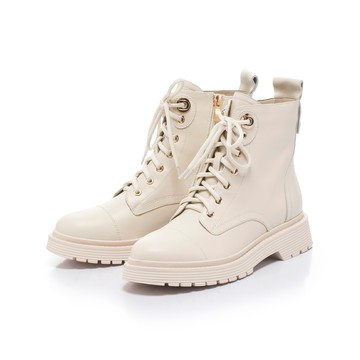 軟實力 綁帶皮革飾釦短軍靴 米 (7B2574)