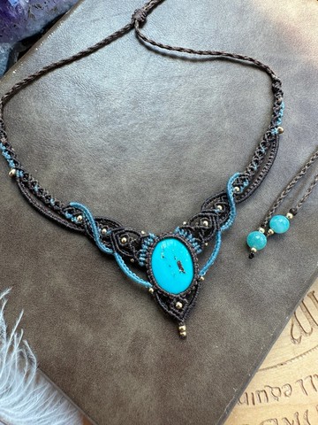 N1138 民族風 蠟線編織 松石 銅珠 頸鏈 (可調長度)