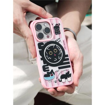 原創COCOPO 粉色條紋小貓磁吸適用于蘋果16Pro Max 套啤手機殼 iPhone 13 14 15個性防摔 高級感
