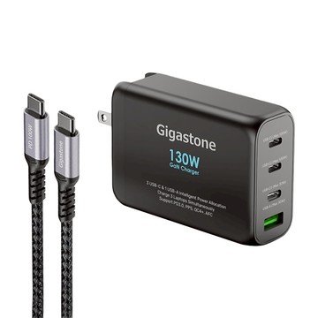 GIGASTONE 立達 130W GaN 氮化鎵 Type-C快充 多協議兼容三孔設計高效充電  黑色  1組