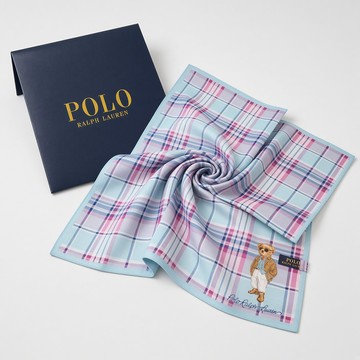 RALPH LAUREN POLO BEAR小熊粉彩格紋純棉手帕領巾(淺藍色 48×48cm 日本製 附品牌紙袋)