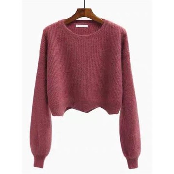 品牌折扣正品女裝剪標清倉別致高腰波浪邊短款長袖針織毛衣女春秋