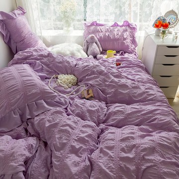 仙女范泡泡紗床上用品四件套床單被套公主風三件套春被罩純色