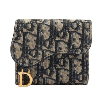 Dior 迪奧 Saddle Lotus 三折扣式短夾 深藍色 Oblique緹花帆布 S5652CTZQ 【二手名牌BRAND OFF】