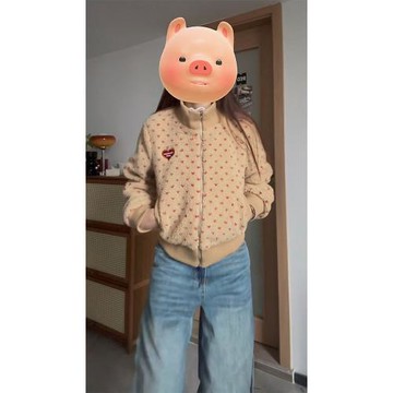 美式復古滿印愛心短款羊羔毛外套女秋冬季小個子夾棉加厚保暖棉服