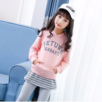 Augelute 兒童秋冬套裝 女大童純棉印字帽T條紋褲裙 47142