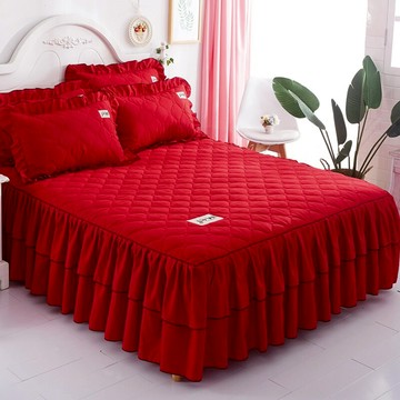 紅色結婚慶床裙式單件加厚夾棉韓式風床套防滑床單床罩枕套三件套