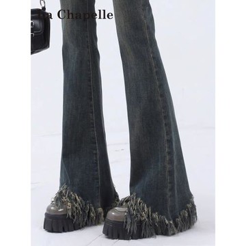 拉夏貝爾復古毛邊微喇牛仔褲女2026年新款春秋季高腰顯瘦喇叭褲子