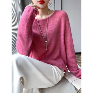 75%羊絨25%桑蠶絲女圓領一線成衣針織寬松絲絨慵懶套頭毛衣打底衫