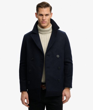 Superdry Men's The Merchant Store - Wool Blend Pea Coat Navy Size: XL