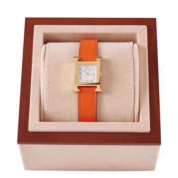 HERMES愛馬仕 Heure H經典品牌H框造型石英時尚皮革腕錶(金橘)