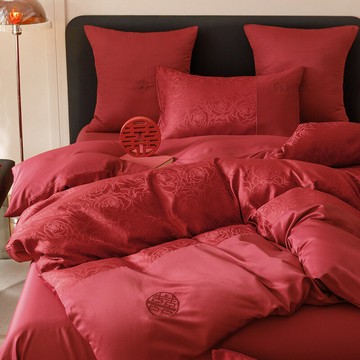 床包組 三件組 四件組  床單被套枕套床包 家用寢具中式喜字結婚四件套大紅色床單玫瑰提花被套婚慶婚房喜被床上用品