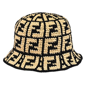 FENDI FXQ688 FF LOGO花紋編織造型漁夫帽/遮陽帽.黑邊
