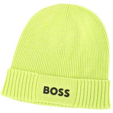 BOSS 矽膠字母羊毛混紡羅紋反摺針織帽(螢光綠)