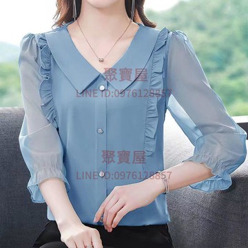荷葉邊雪紡衫氣質娃娃領襯衫上衣七分袖遮肚子減齡顯瘦時尚百搭新款【聚寶屋】
