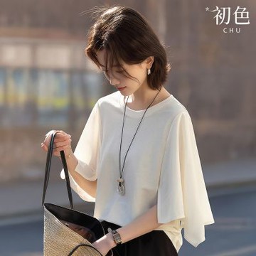 初色 日系慵懶風純色圓領寬鬆顯瘦喇叭中長袖T恤上衣女上衣-白色-50672(M-2XL可選)