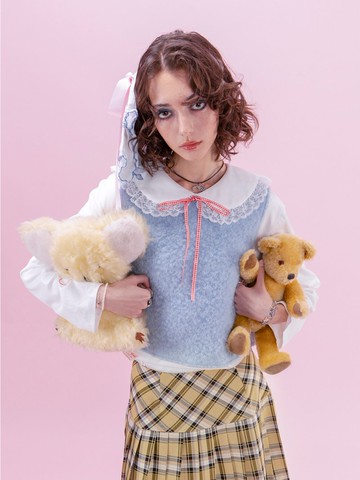 cherrywine First Love初戀藍灰羊毛毛圈短款背心馬甲冬女款