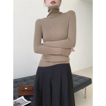 JWUNIQUE酒窩咖啡色高領長袖羊毛針織衫女秋冬2026年修身內搭上衣