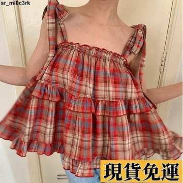 台灣出貨🔥法式甜美格紋休閒吊帶衫2025夏季新款韓版度假風木耳邊露肩上衣女