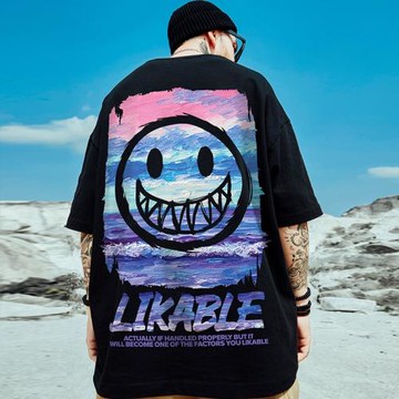 小惡魔鬼臉情侶國潮牌油畫印花短袖T恤男潮流bf風寬松大碼半袖潮