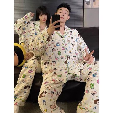 情侶睡衣女秋冬季純棉空氣夾棉加厚卡通蠟筆小新男士開衫家居服冬