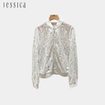 JESSICA - 輕薄刺繡花卉蕾絲棒球拉鏈外套253001