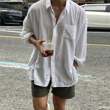 防曬亞麻白襯衫男長袖春秋新款韓版薄款透氣海邊寬松開衫襯衣外套