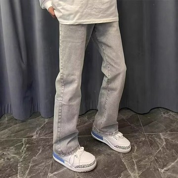 新款美式復古高街煙灰色百搭休閑顯瘦潮流直筒微喇褲牛仔褲男女款鑫弘-衣錦男裝