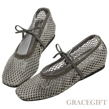 【Grace Gift】手工訂製亮鑽蝴蝶結漁網方頭芭蕾舞鞋 灰