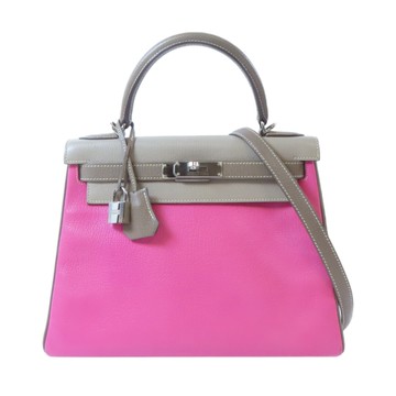 【二手名牌BRAND OFF】HERMES 愛馬仕 粉紅色 灰色 Chevre皮革 Kelly 28 凱莉包 兩用包 (變色)